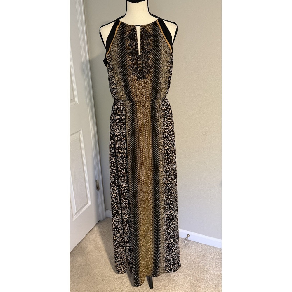 Greylin Beaded Halter Maxi Dress Small Black Tan Abstract Print